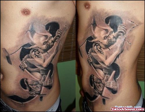 Grey Ink Rib Side Fantasy Tattoos For Men