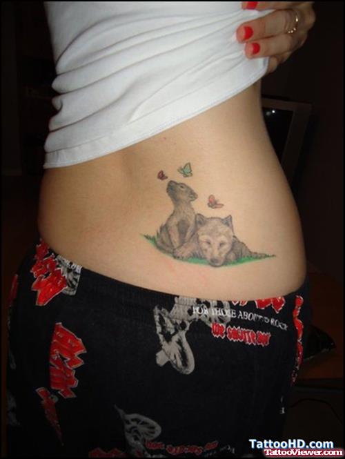 Flying Butterflies And Cat Fantasy Tattoo On Lower Back