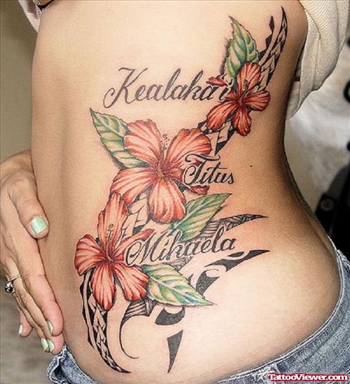 Hibiscus Flowers And Tribal Fantasy Tattoo On Side Rib