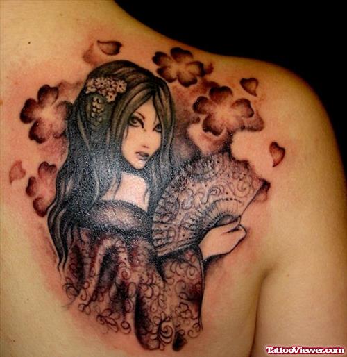Grey Ink Geisha Fantasy Tattoo On Back Shoulder