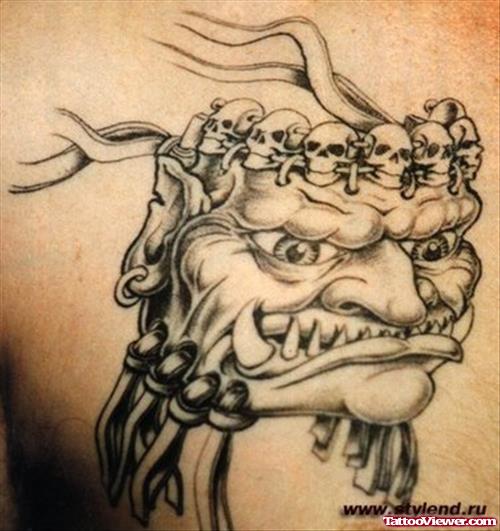 Grey Ink Devil Head Fantasy Tattoo
