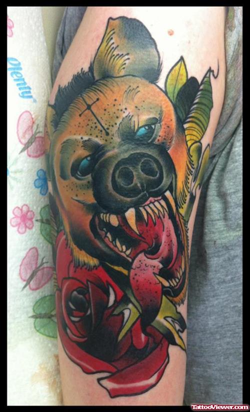 Red Rose Flower And Bear Head Fantasy Tattoo
