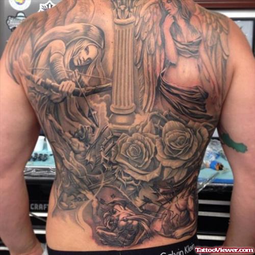 Grey Rose Flowers And Angel Fantasy Tattoo On Back Body