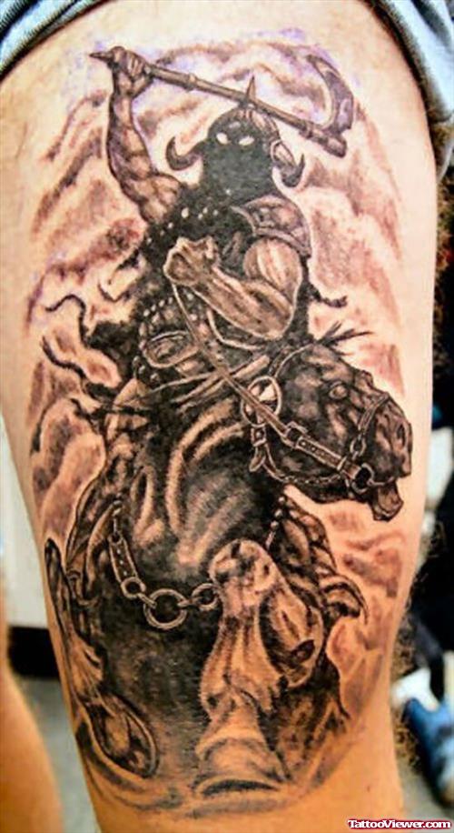 Grey Ink Warrior Fantasy Tattoo
