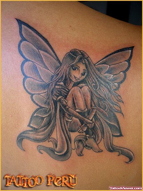 Grey Ink Fairy Girl Fantasy Tattoo On Back Shoulder