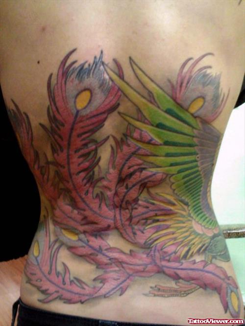 Colored FeathersFantasy Tattoo On Back