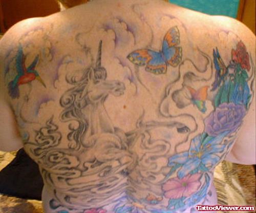 Unicorn And Butterfly Fantasy Tattoo On Back