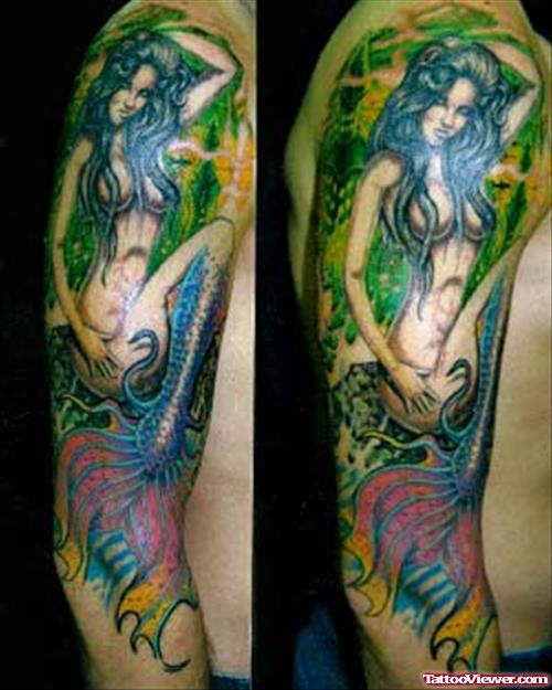 Mermaid Colored Fantasy Tattoos On Sleeve
