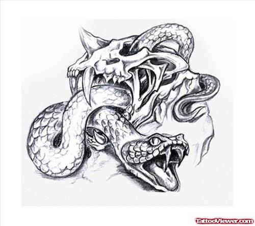 Grey Ink Snakes Fantasy Tattoo Design