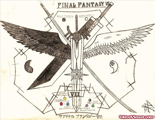 Winged Dagger And Fantasy Tattoo Design