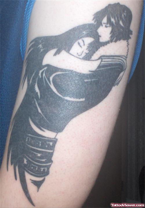 Grey Ink Fantasy Tattoo On Half Sleeve For Men