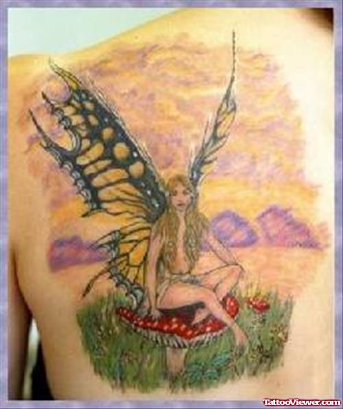 Colored Fairy Fantasy Tattoo On Back Shoulder