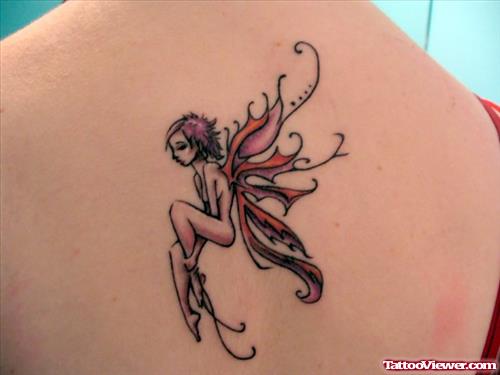Color Fairy Fantasy Tattoo On Upperback