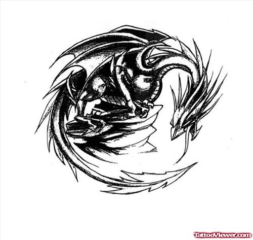 Awesome Grey Ink Dragon Fantasy Tattoo Design