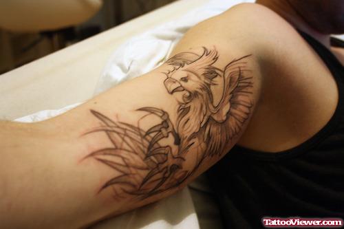 Grey Ink Griffin Fantasy Tattoo On Half Sleeve