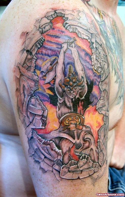 Colored Ink Fantasy Tattoo On Half Sleeve