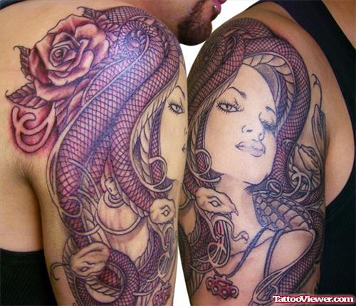 Rose Flower And Fantasy Girl Tattoo On Half Sleeve