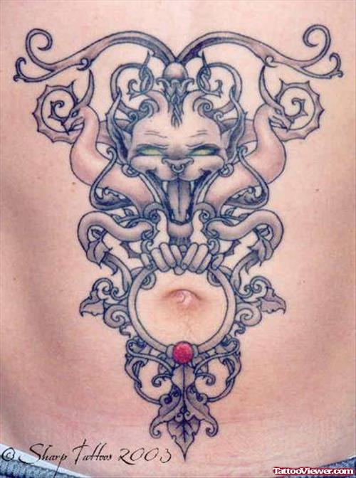 Grey Ink Fantasy Tattoo On Belly