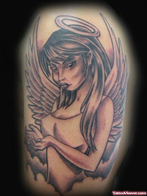 Grey Ink Angel Girl Fantasy Tattoo