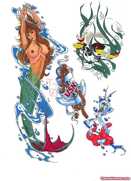 Amazing Colored Mermaid Fantasy Tattoos Designs