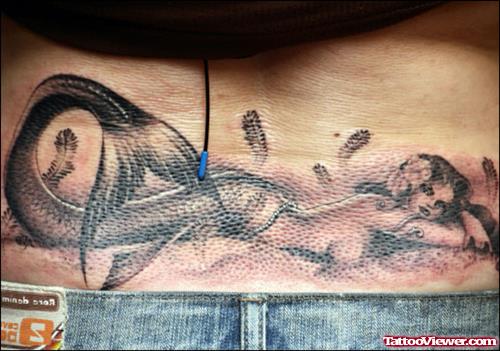 Grey Ink Mermaid Fantasy Tattoo On Lowerback