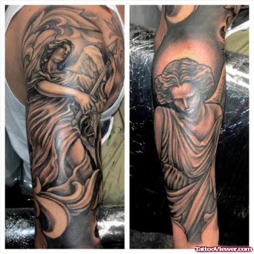 Grey Ink Angel And Fantasy Tattoo On Half Sleeve