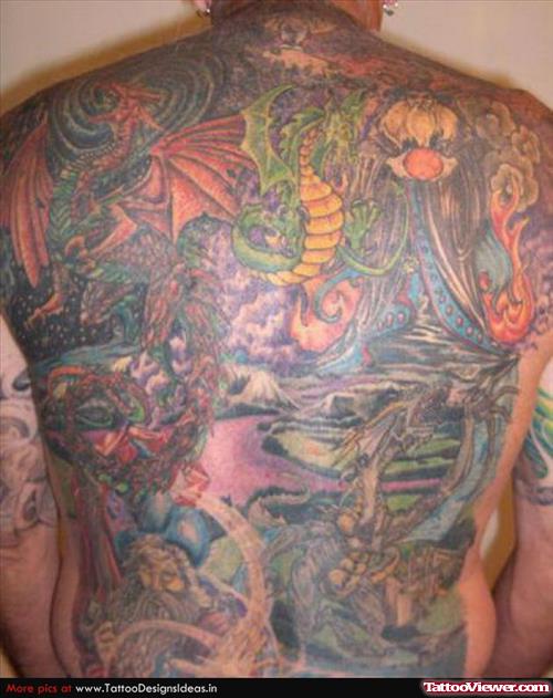 Colored BAck Body Fantasy Tattoo