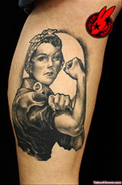 Amazing Grey Ink Fantasy Girl Tattoo On Leg