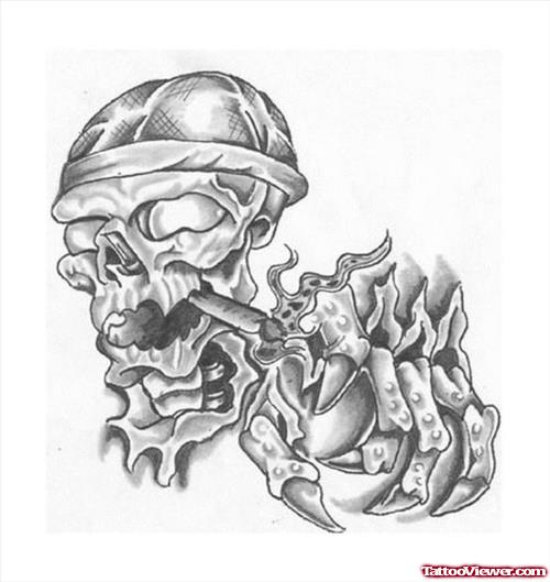 Grey Ink Smoking Skull Fantasy Tattoos Design