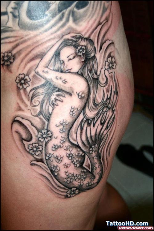 Grey Ink Mermaid Fantasy Tattoo On Side