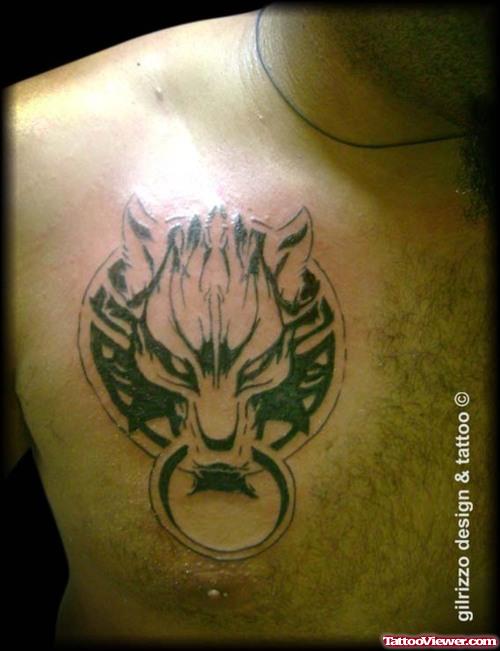 Grey Ink Fantasy Tattoo On Man Chest