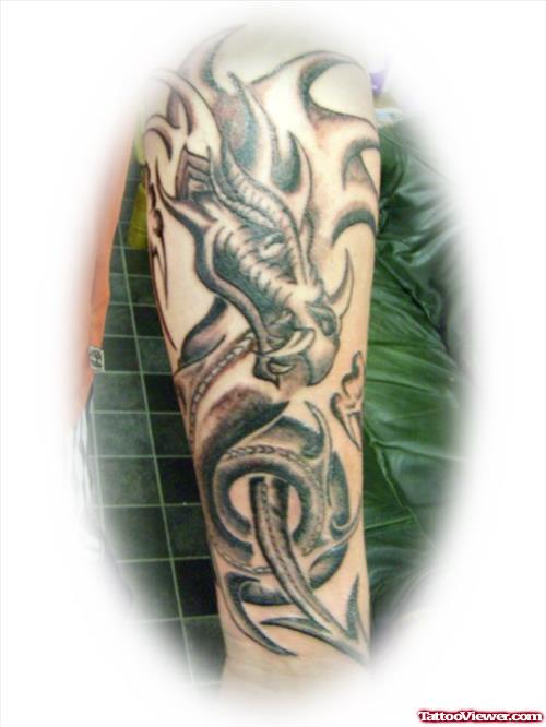 Grey Ink Dragon Tattoo On Sleeve
