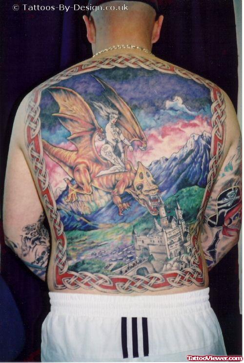 Colored Dragon And Castle Fantasy Tattoo On Full Back