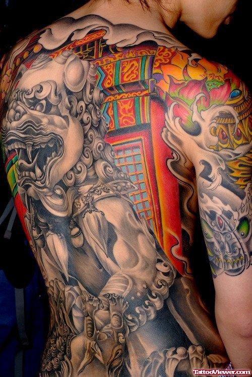 Grey Ink Foo dog Fantasy Tattoo On Back