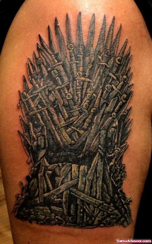 Grey Ink Fantasy Tattoo On Half Sleeve