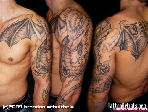 Grey Ink Dragon Fantasy Tattoo On Left Half Sleeve