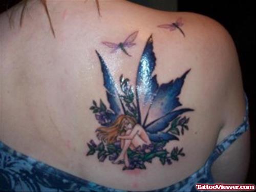 Awesome Colored Fairy Fantasy Tattoo On Back Shoulder