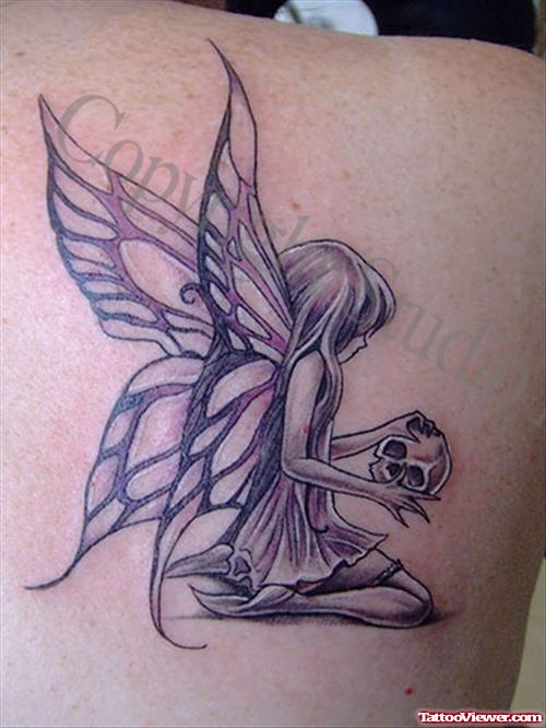 Grey Ink Fairy Fantasy Tattoo On Right Back Shoulder