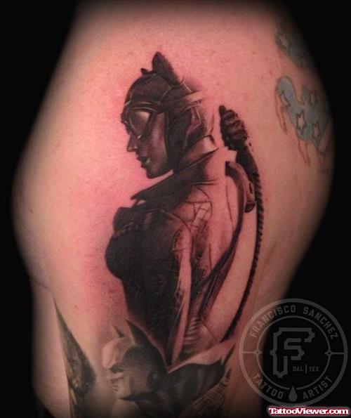 Grey Ink Cat Woman Fantasy Tattoo On Back