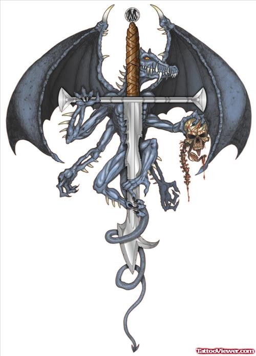 Dragon With Dagger Fantasy Tattoo Design