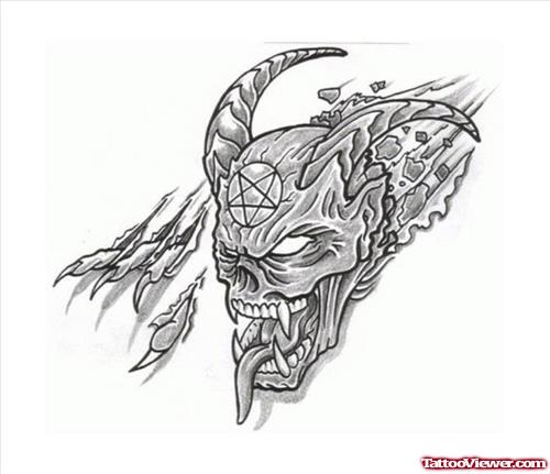 Awesome Demon Head Fantasy Tattoo Design