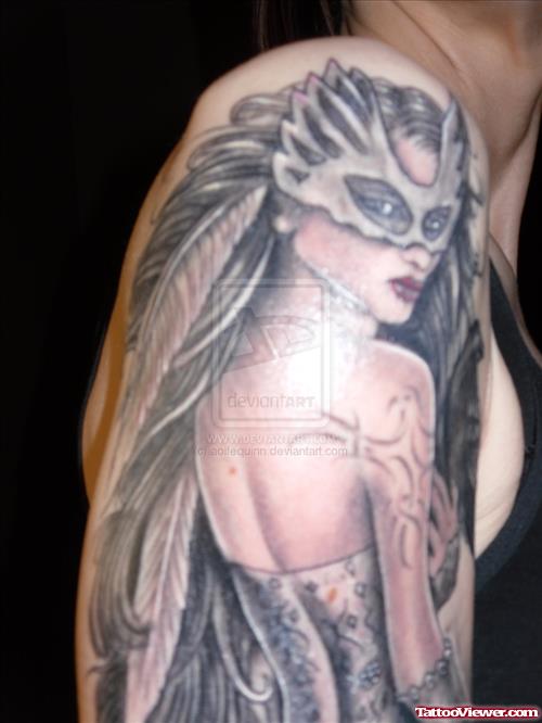 Attractive Grey Ink Fantasy Tattoo On Right Half Sleeve