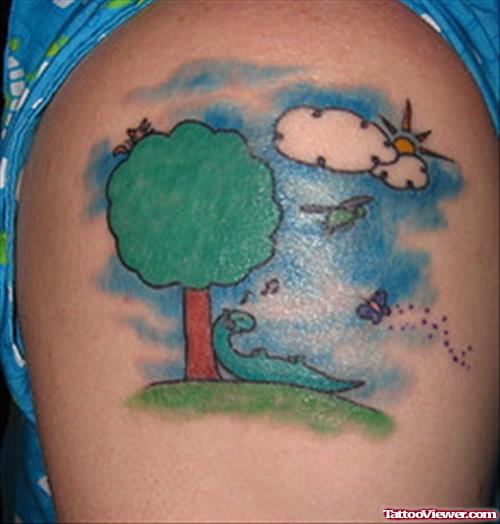 Green Ink Tree Fantasy Tattoo On Left Shoulder