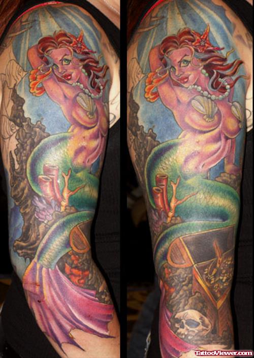 Colored Mermaid Fantasy Tattoo On Sleeve