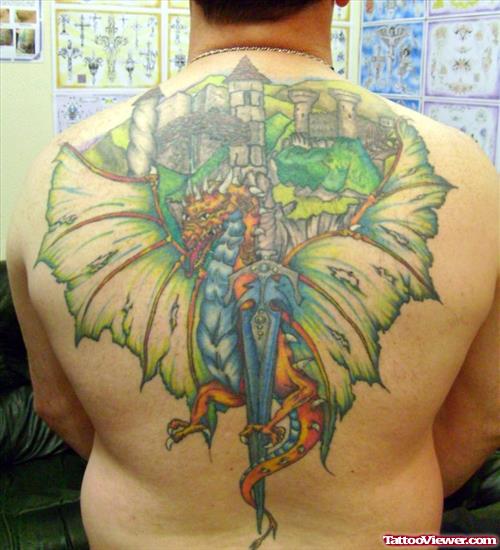Colored Dragon Fantasy Tattoo On Man Back Body