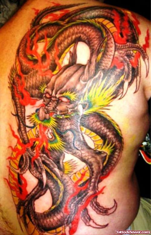 Colored Dragon Fantasy Tattoo On Back Body