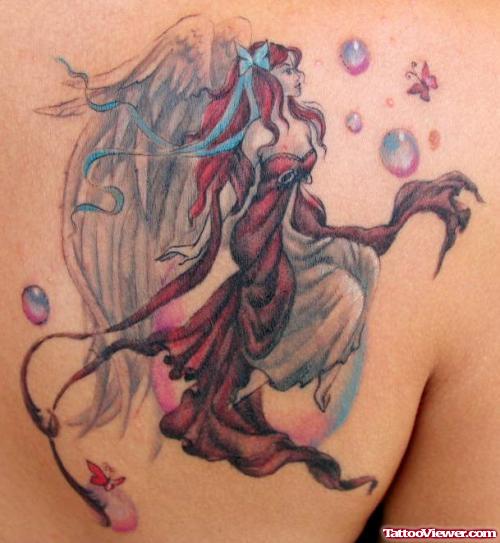 Color Angel Girl Fantasy Tattoo On Back Shoulder