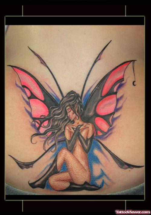 Beautiful Colored Fairy Fantasy Tattoo On Lowerback
