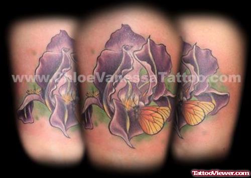 Awesome Colored Purple Flowers Fantasy Tattoo