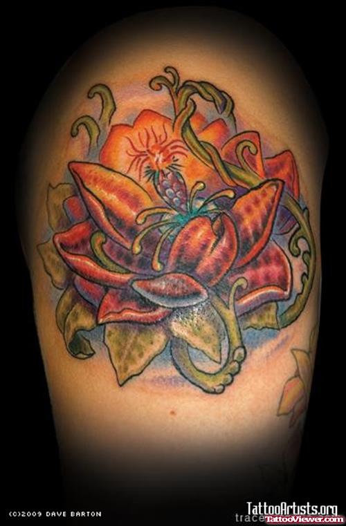 Color Flower Fantasy Tattoo On Left Shoulder